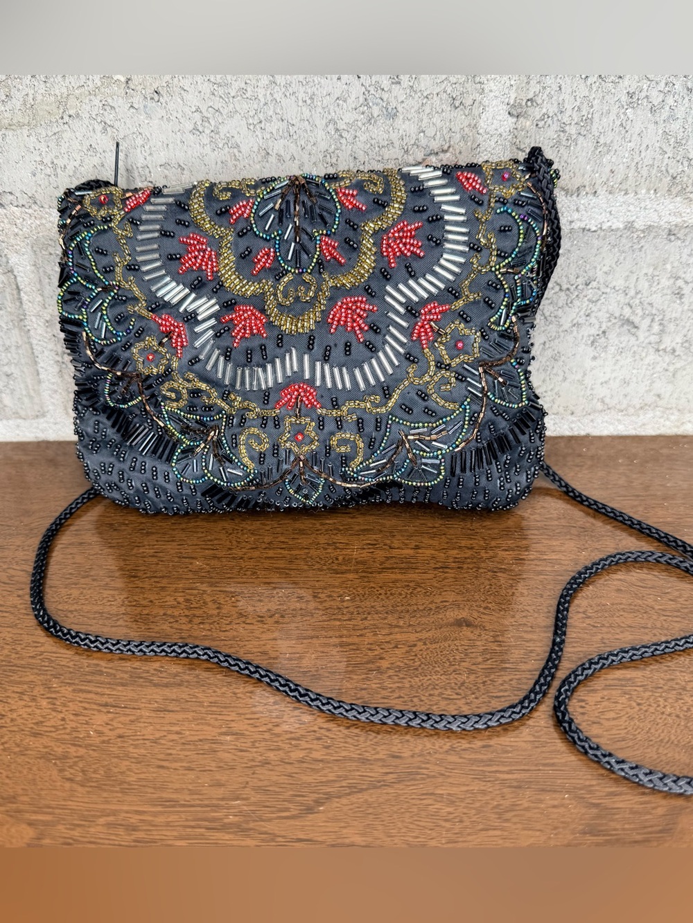 Vintage Style Beaded Evening Bag Black Crossbody Purse Art Deco Boho